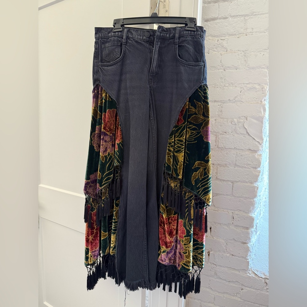 Free People Black Floral Fringe Jeans